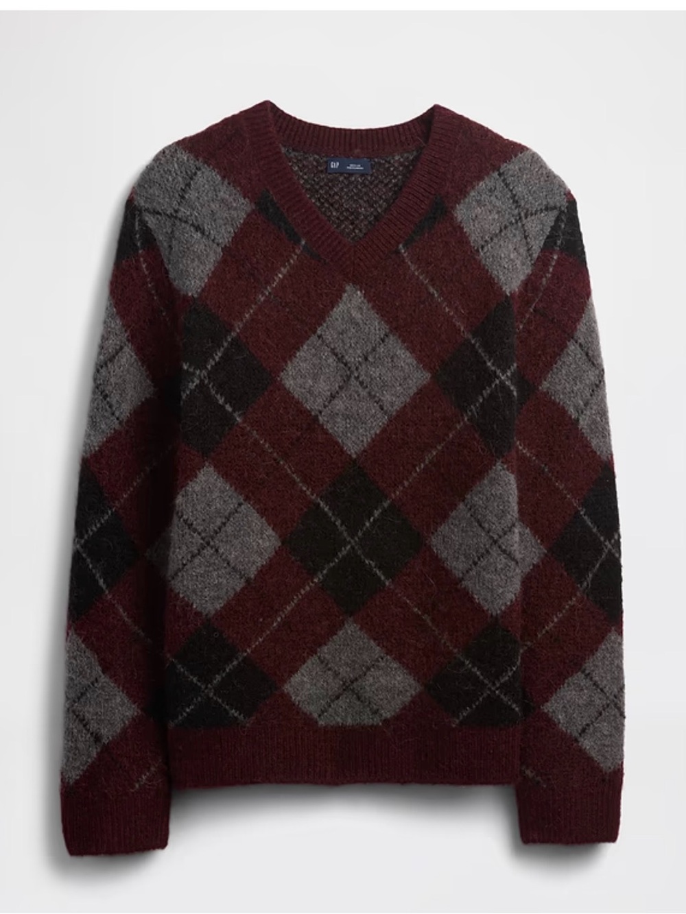 GAP Men's Burgundy and Gray Argyle V-Neck Sweater